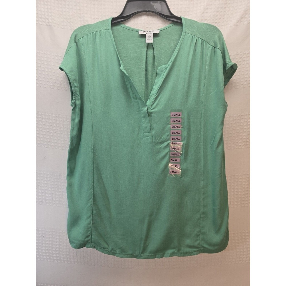 Nine West Blouse Size Small Green Sleeveless Henley Top Womens 5334